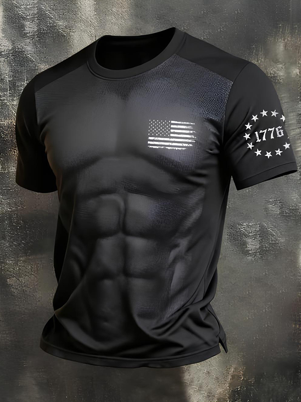 Men's American Flag Muscles Print Casual T-Shirt