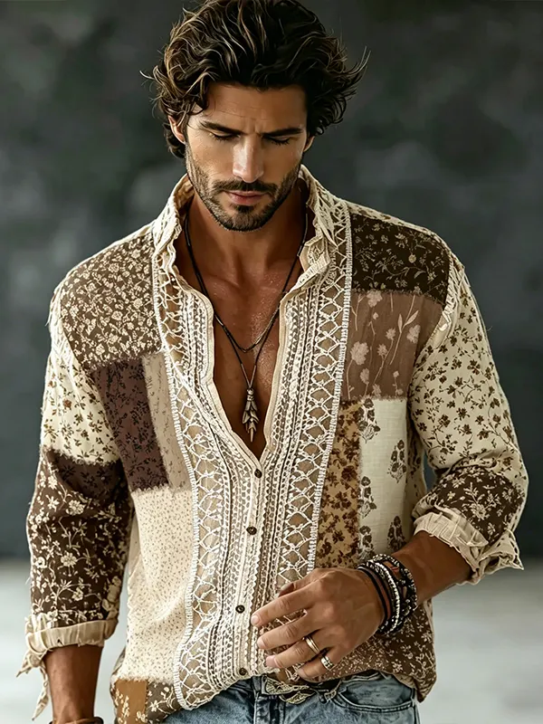 Men's Boho Floral Patchwork Print Long Sleeve Shirt