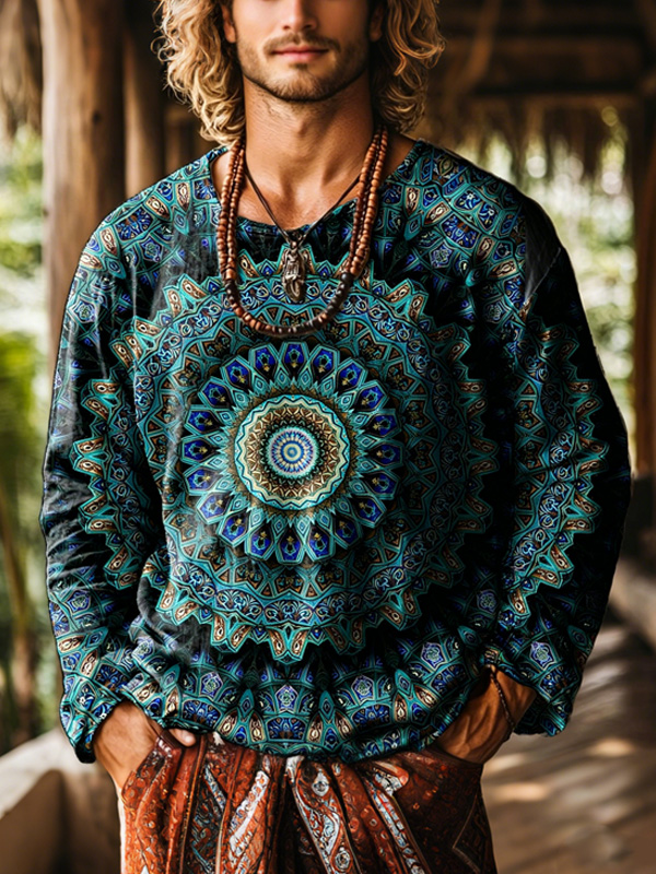 Men's Boho Mandala Geometric Print Long Sleeve T-Shirt
