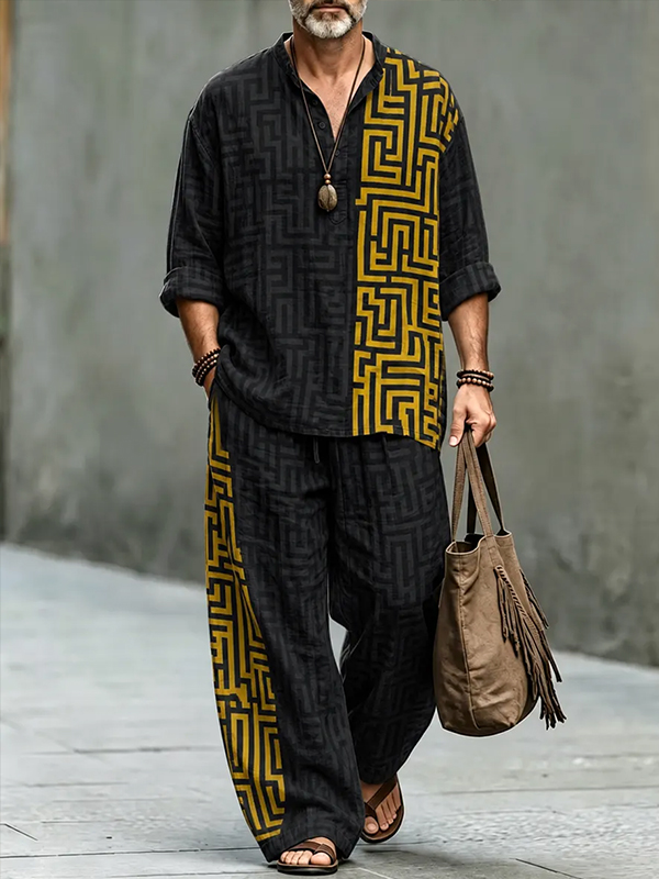 Men's Abstract Geometric Art Print Half Button Long Sleeve Shirt Pants 2pcs Set
