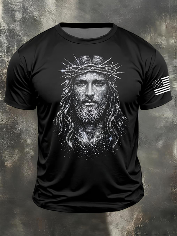 Men's Jesus Rhinestone Sculpture Print Casual T-Shirt