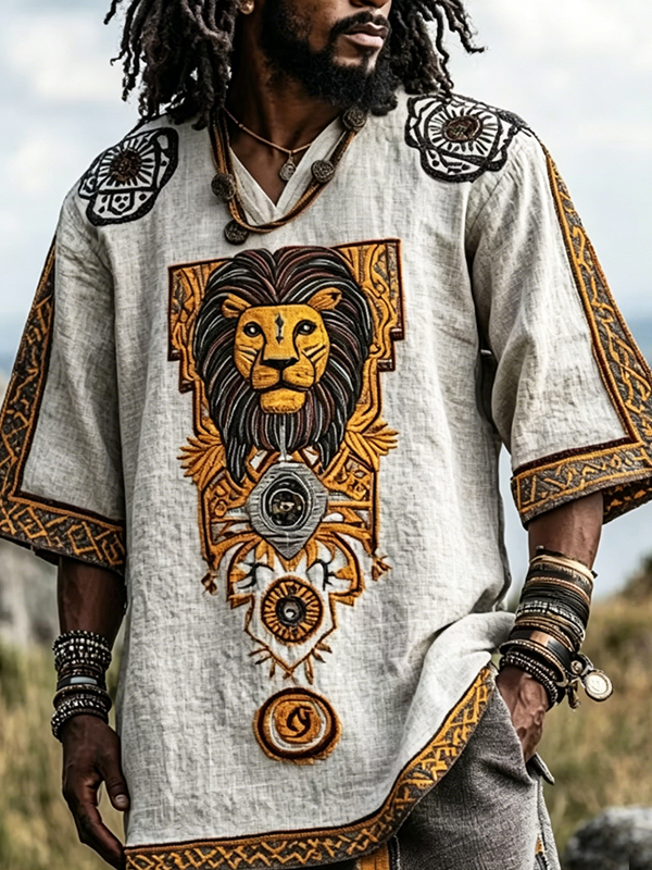 Men's Lion Ethnic Art Print V Neck T-Shirt