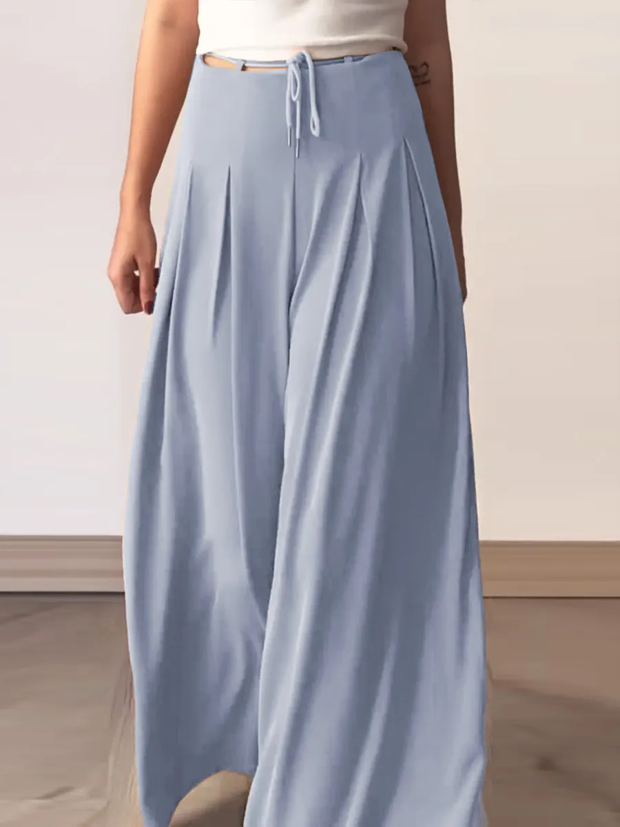 Women's Summer Solid Color High Waist Lace-up Loose Casual Cotton and Linen Wide Leg Pants