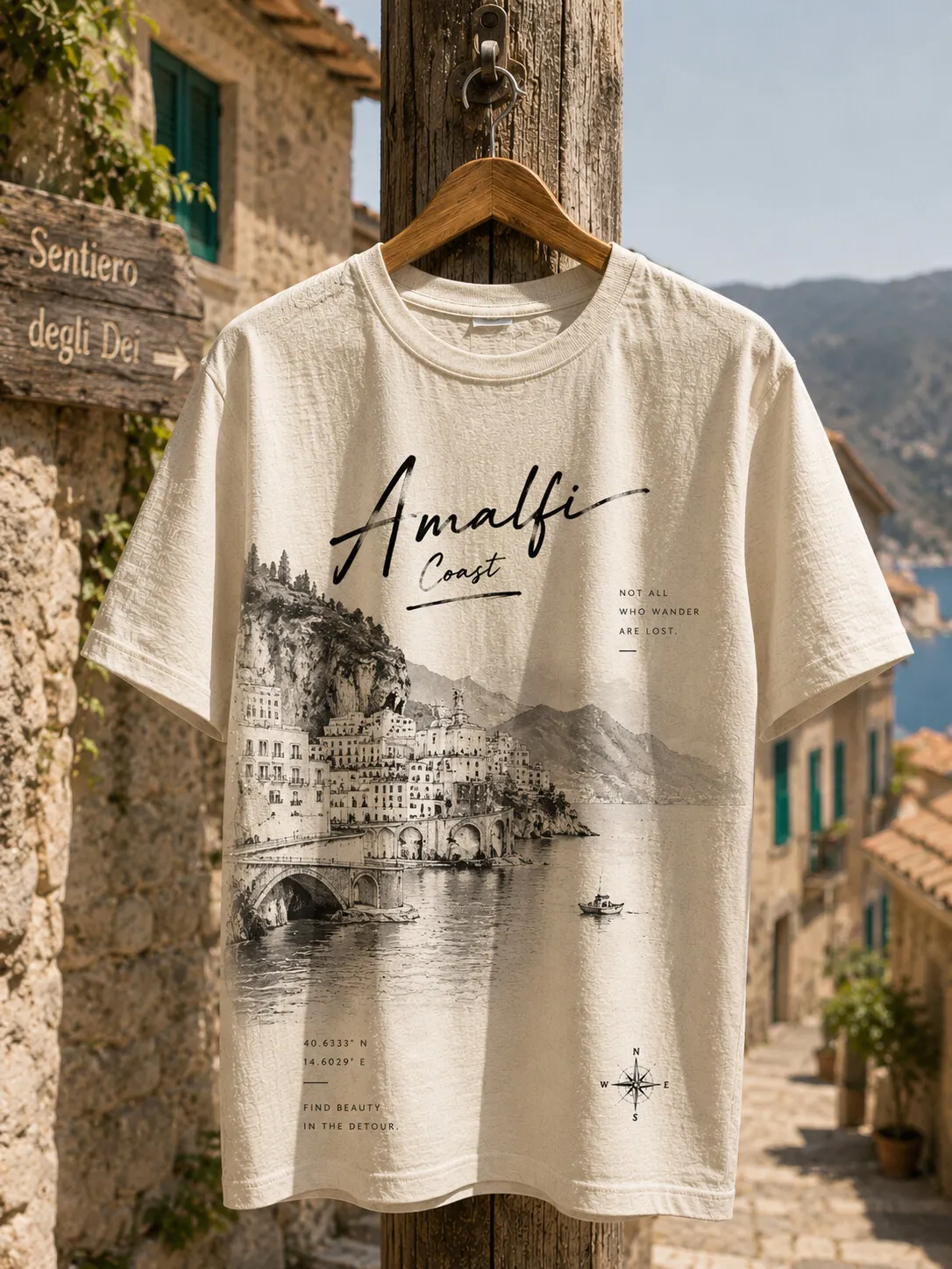 Men's Amalfi Coast Italy Coastal Village Map Compass Coordinates Sketch Art Print T-Shirt