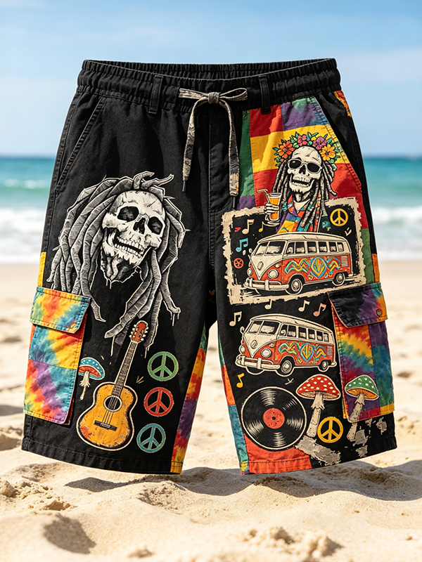 Men's Hippie Skull Guitar Peace Sign Art Print Casual Shorts