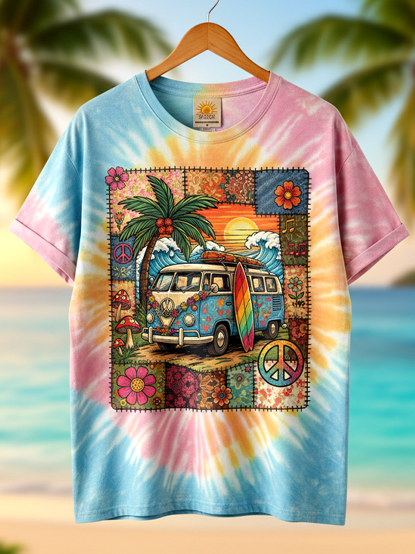 Men's Hippie Bus Seaside Vacation Style Tie-Dye Art Print Casual T-Shirt