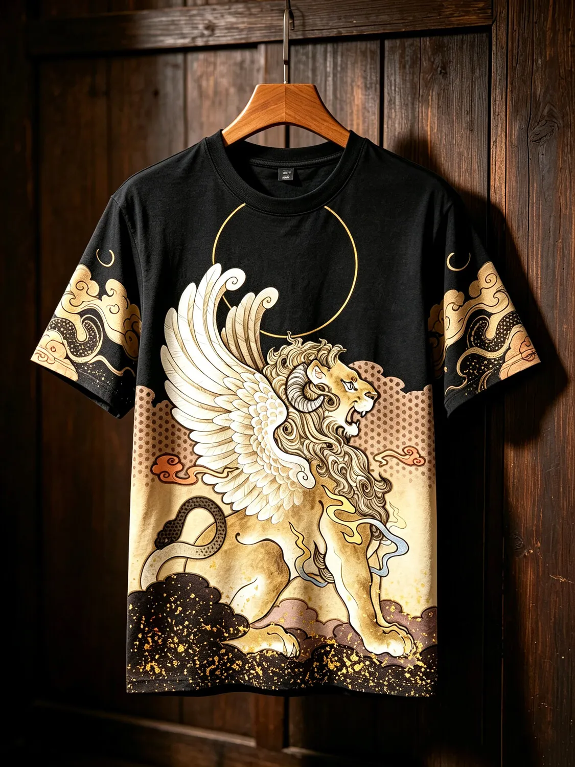 Men's Japanese Ink India Golden Wing Lion Cloud Print T-Shirt
