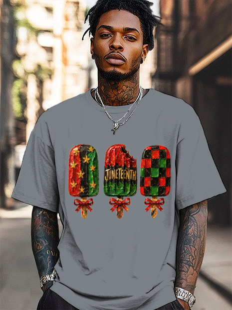 Men's Colorblock Ice Lollipop Juneteenth Print Cotton Casual T-Shirt
