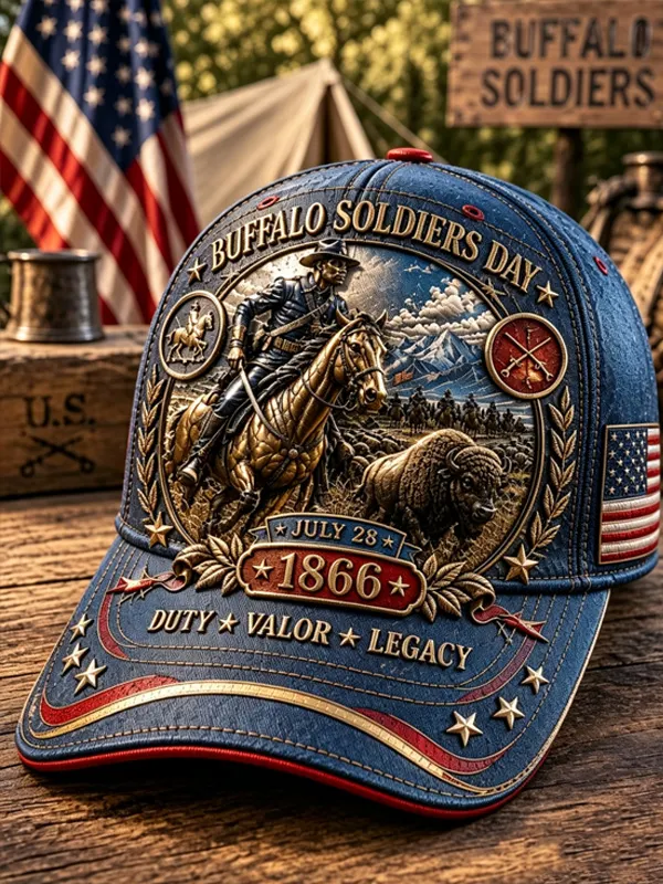 Men's Buffalo Soldiers day 1866 Cavalry and Bison Heritage Print Baseball Cap