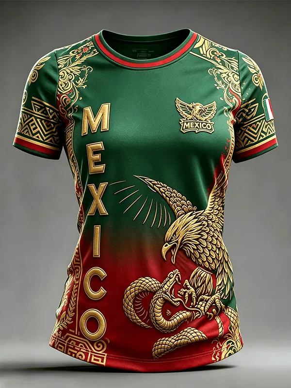 Women's Mexico Football Eagle And Snake Crest Print Casual T-Shirt