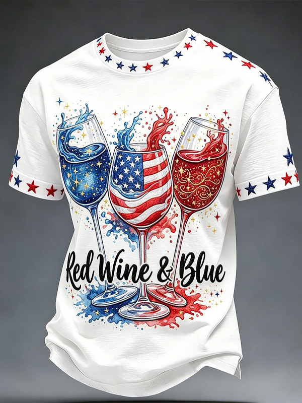 Men's Red Wine And Blue American Flag Wine Glass Print T-Shirt