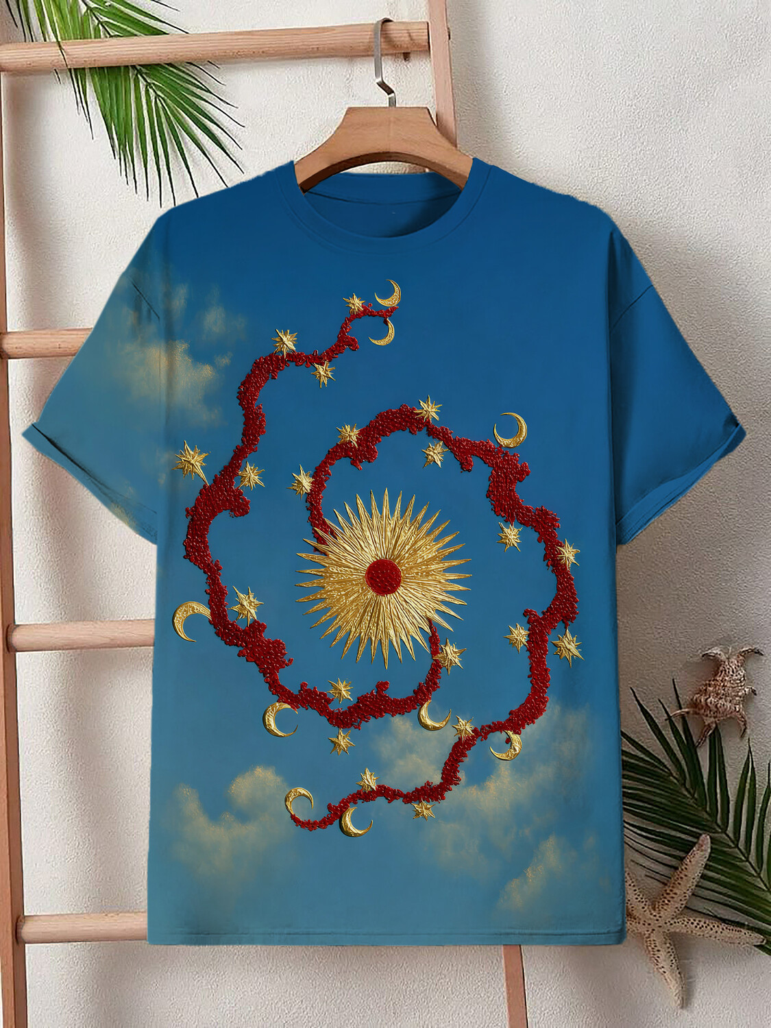 Men's Celestial Sun Moon Star Spiral Print T-Shirt