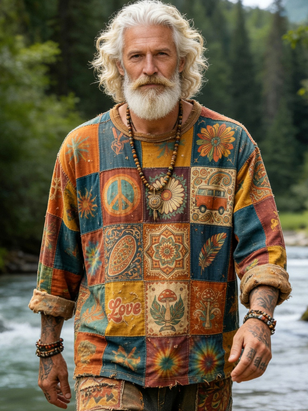 Men's Retro Hippie Art Colorblock All Over Print Long Sleeve T-Shirt