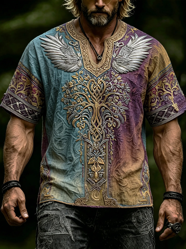 Men's Vintage Distressed Tree Of Life Wing Art Print V Neck T-Shirt