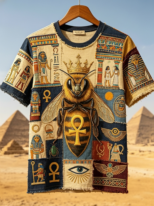 Men's Egyptian Bee Ankh Patchwork Pharaoh & Scarab Print T-Shirt