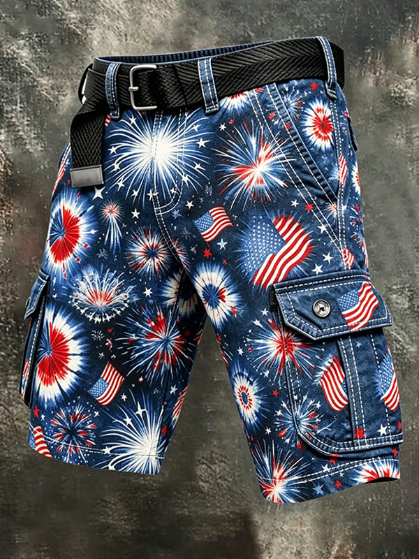 Men's Independence Day Flag Firework Tie Dye Pattern Cargo Shorts