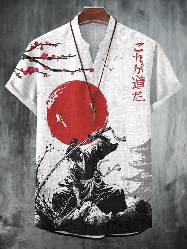 Men's Japanese Samurai Cherry Blossom Print Casual V Neck T-Shirt