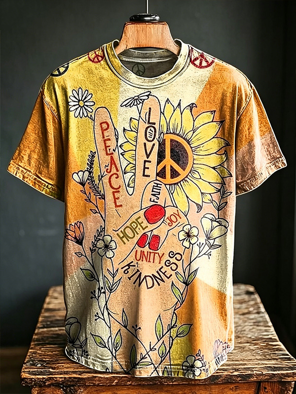 Men's Love Peace Hope Joy Faith Unity Kindness Flowers Print Casual T-Shirt