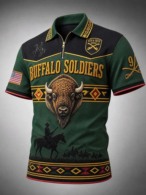 Men's Geometric Border Buffalo Soldiers Art Print Half Zip Polo Shirt