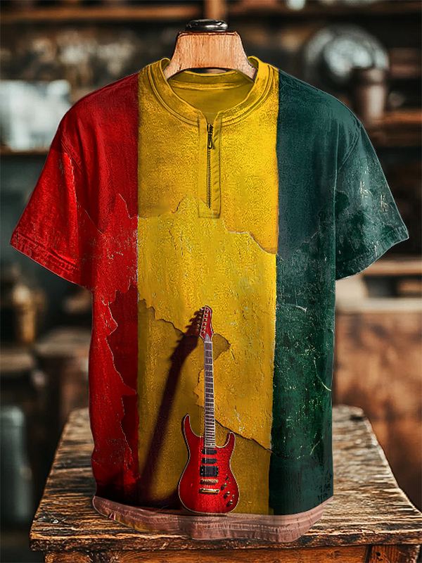 Men's Electric Guitar Colorblock Print Short Sleeve Half Zip T-Shirt