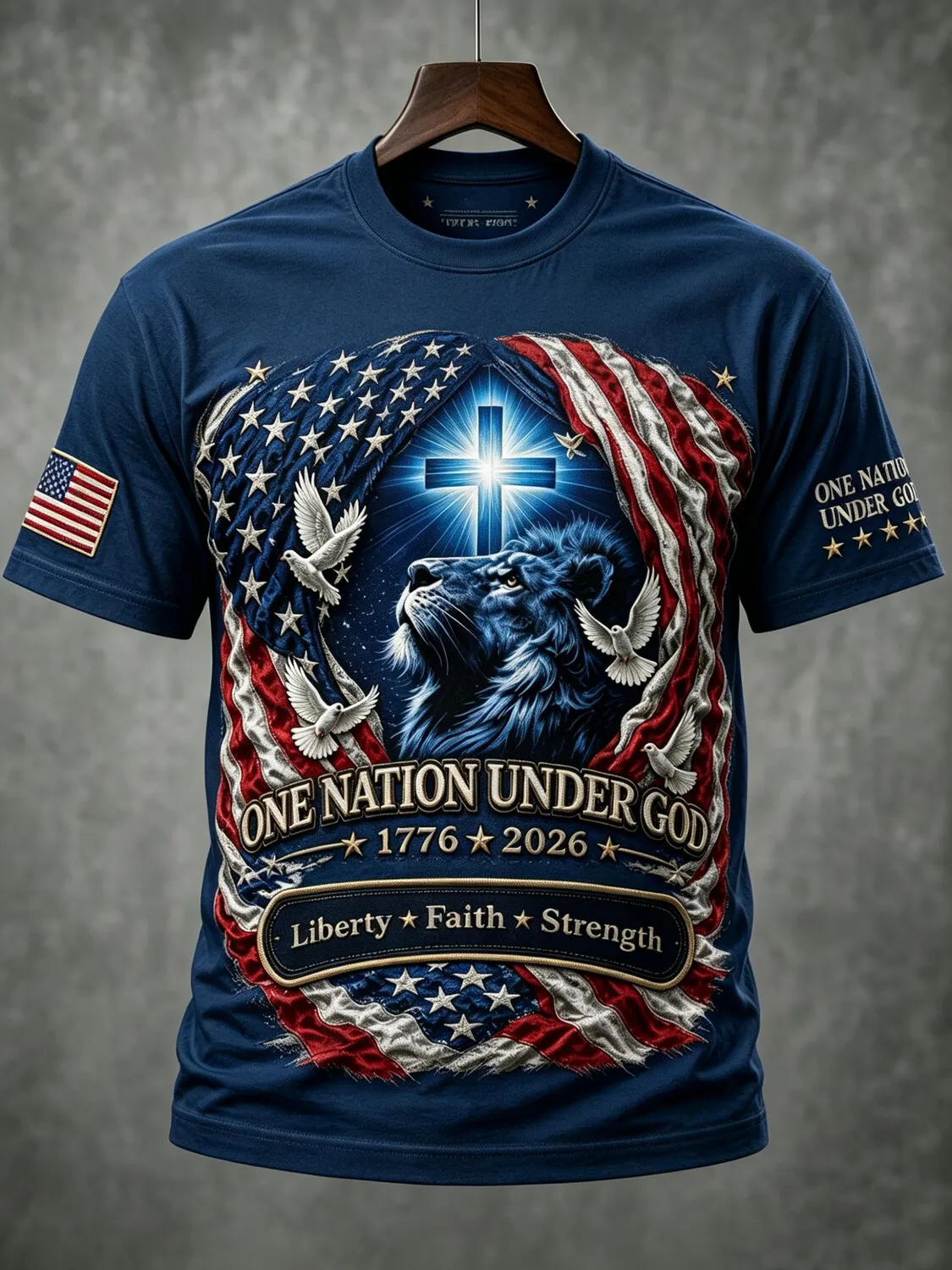 Men's One Nation Under God Lion Cross Dove American Flag Print Casual T-Shirt
