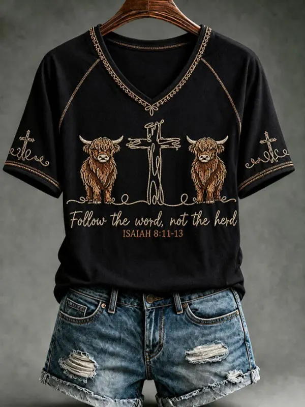 Women's Highland Cow Christian Faith Print Casual V Neck T-Shirt