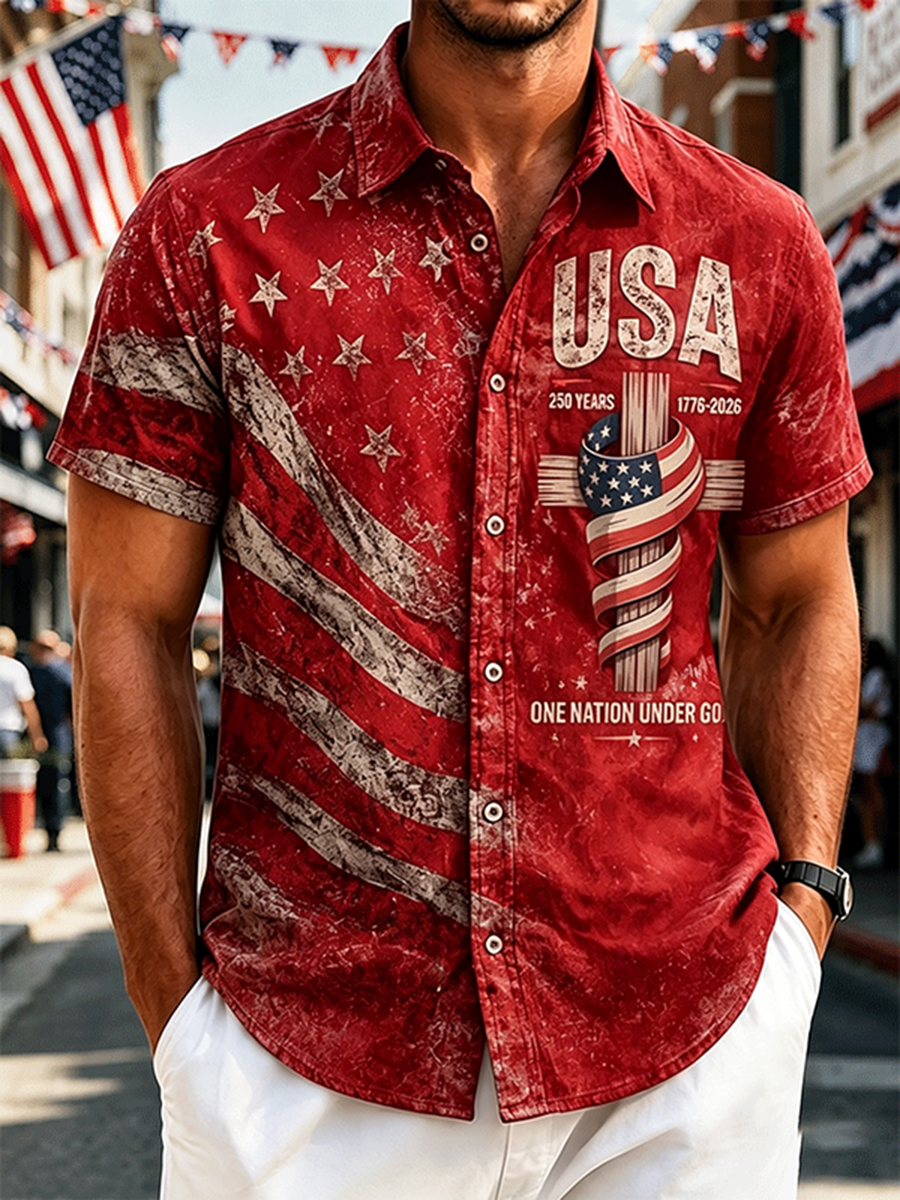 Men's USA Flag Cross Shirt One Nation Under God Short Sleeve Patriotic