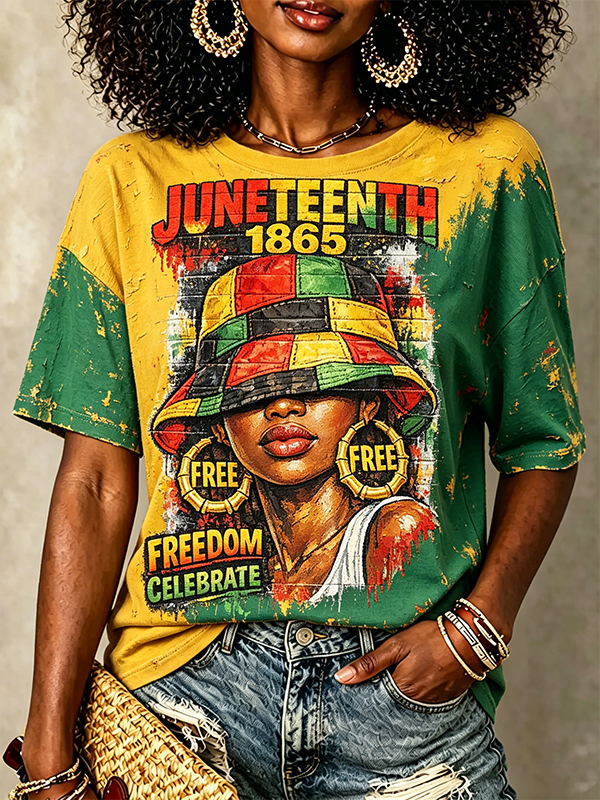 Women's Juneteenth 1865 Freedom Celebrate Vintage Oil Painting Texture Art Print Casual T-Shirt