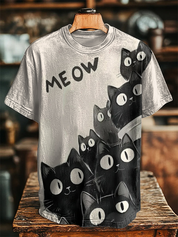 Men's Funny Cats Meow Print Casual T-Shirt