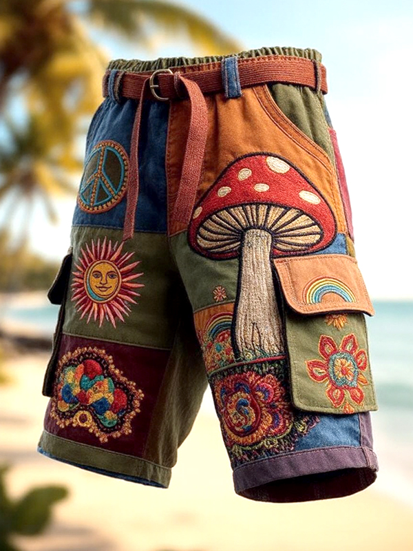 Men's Hippie Sun Mushroom Print Cargo Shorts
