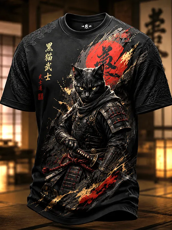 Men's Brave Black Cat Samurai Japanese Art Print T-Shirt