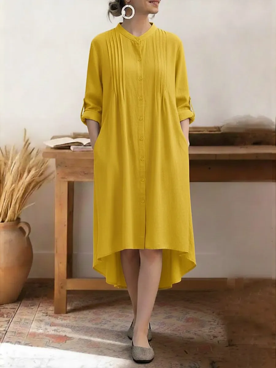 Women's Solid Color Stand-collar Long-sleeved Casual Loose Cotton And Linen Shirt Dress