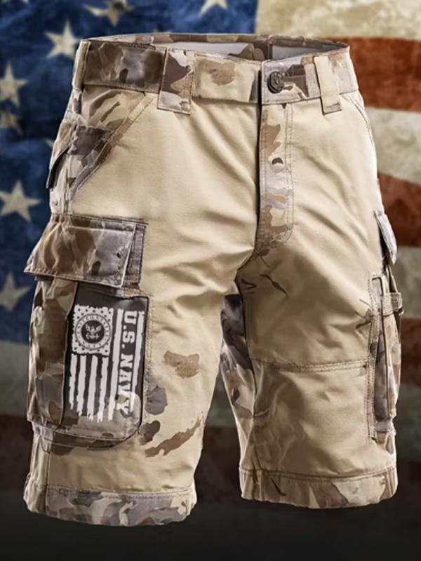 Men's Desert Camo U.S. Navy American Flag Art Print Casual Shorts