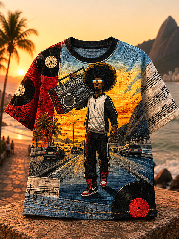 Men's Retro Hip Hop Afro Man Boombox Vinyl Record Coastal Sunset Print T-Shirt