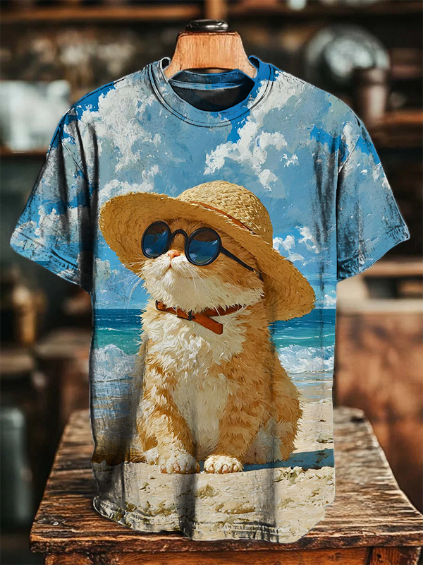 Men's Vacation Style Cat with Sunglasses Print Casual T-Shirt