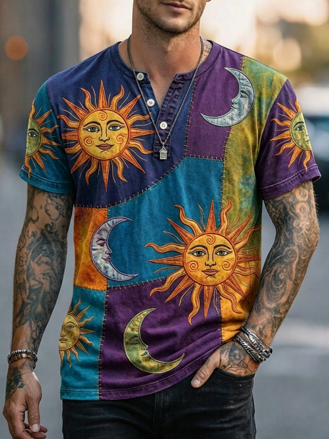 Men's Vintage Tie Dye Sun Moon Face Patchwork Print Short Sleeve Henley T-Shirt