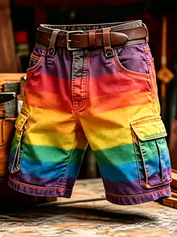 Men's Rainbow Stripe Print Cargo Shorts
