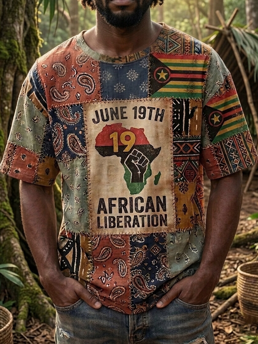 Men's Retro Paisley June 19th African Liberation Colorblock Print Casual T-Shirt
