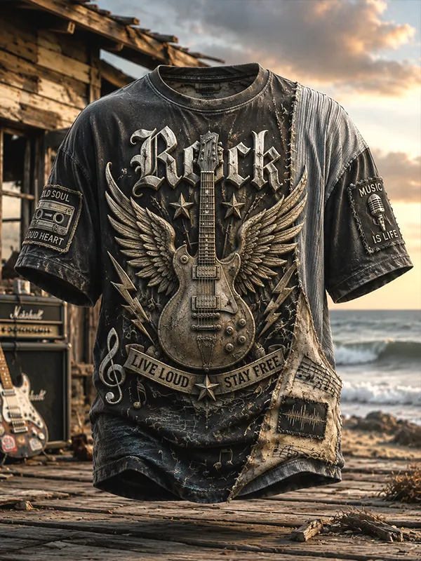 Men's Rock Wing Guitar Patchwork Music Note Retro 3D Art Print T-Shirt