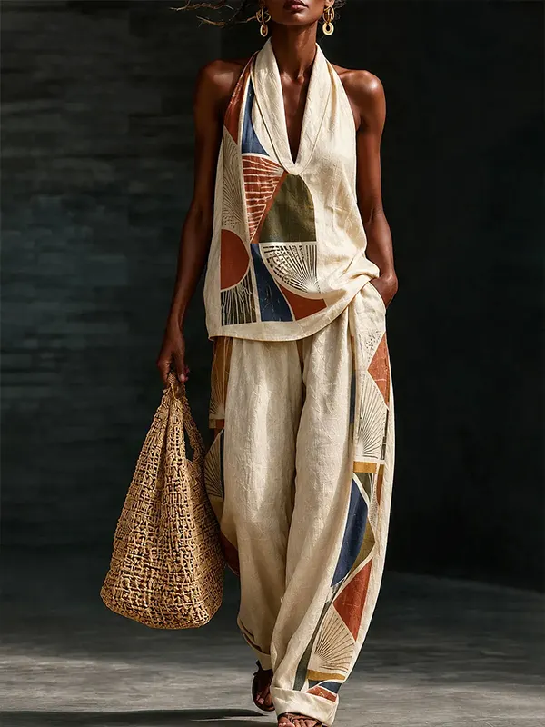 Women's Ethnic Abstract Geometric Resort Style Print Deep V Neck Tank Top Wide Leg Pants Matching Set