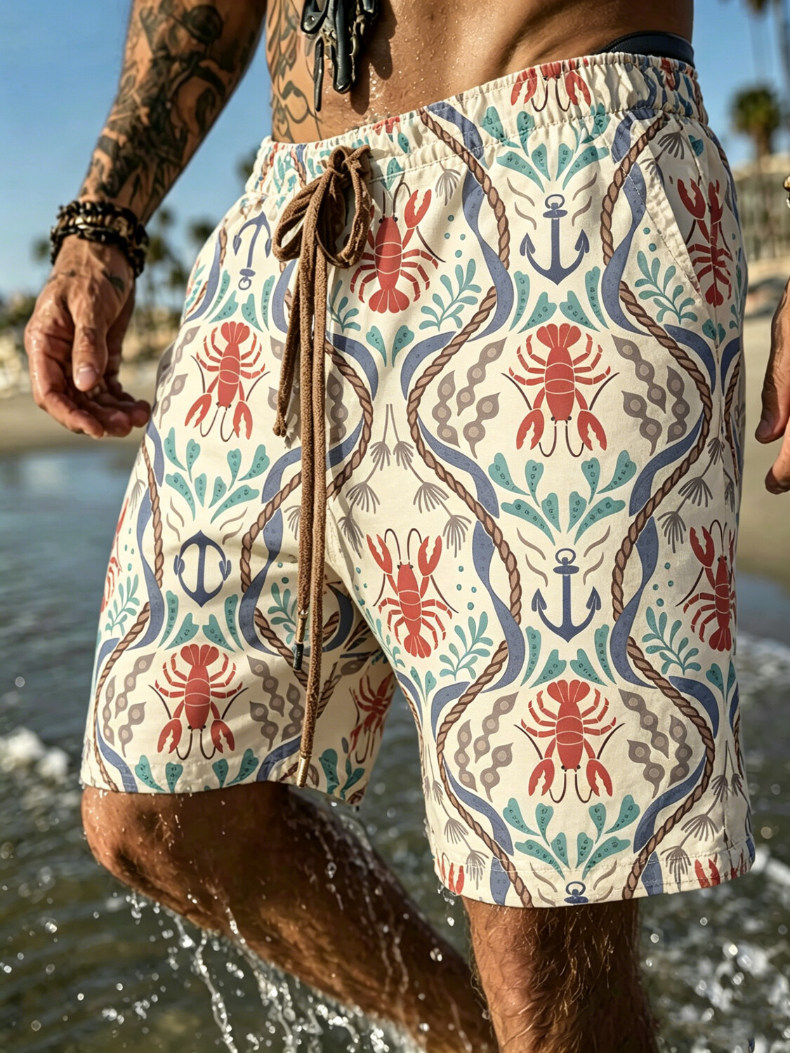 Men's Lobster Ocean Lines Art Print Casual Hawaiian Shorts