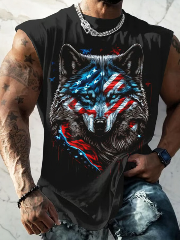 Men's American Flag Wolf Art Print Tank Top