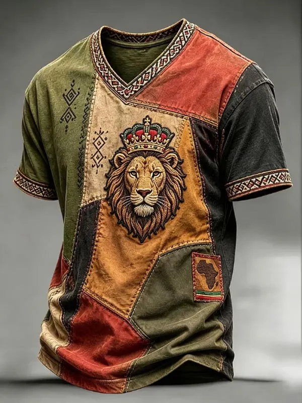 Men's African Retro Tribal Lion King Color Block Print Casual V Neck T-Shirt