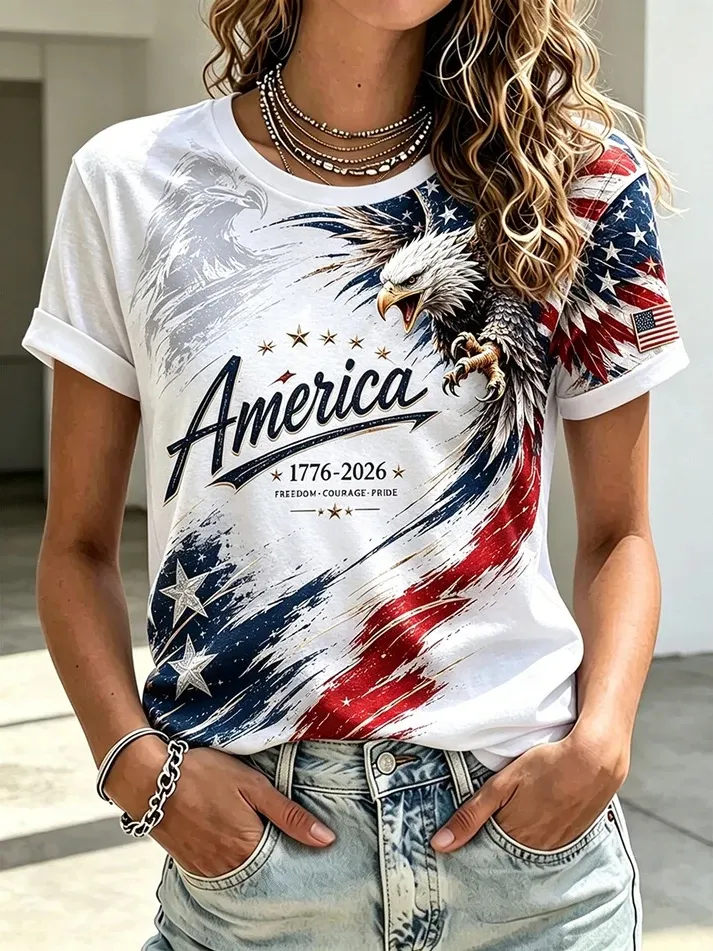 Women's USA Independence Day Bald Eagle Print Casual T-Shirt