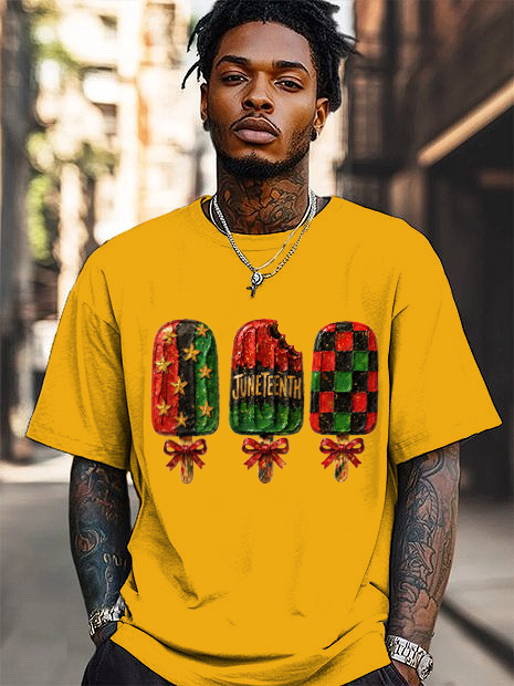 Men's Colorblock Ice Lollipop Juneteenth Print Cotton Casual T-Shirt