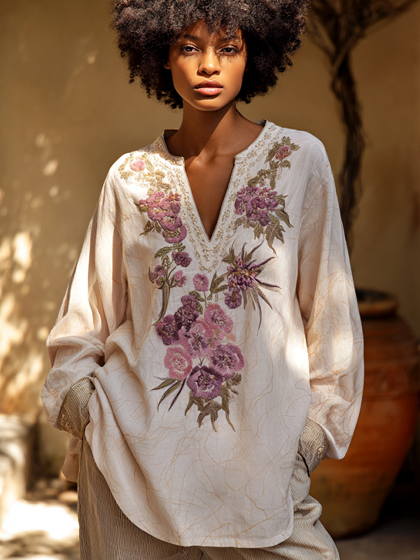 Women's Elegant Flowers Print V Neck Long Sleeve T-Shirt