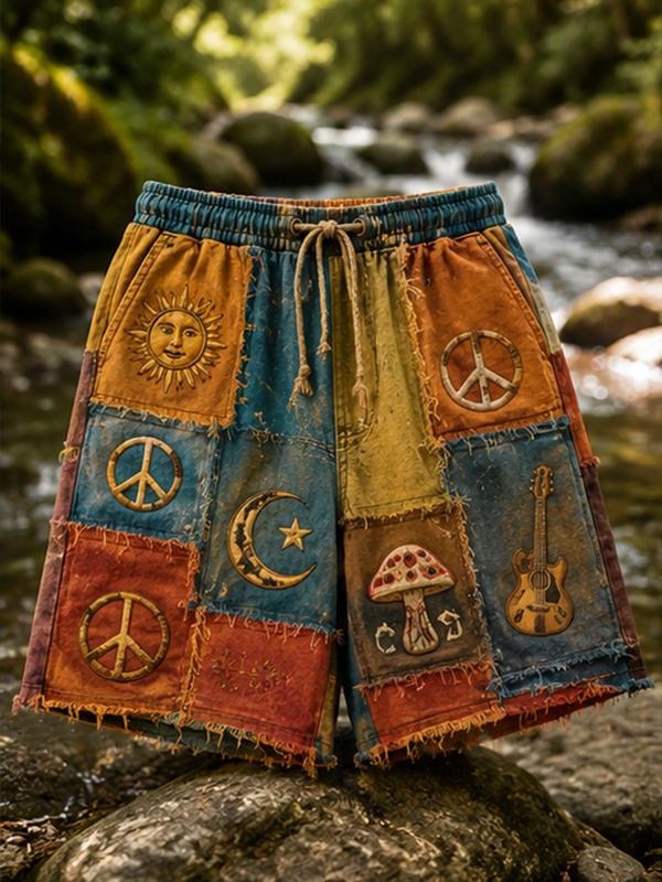Men's Retro Sun Guitar Geometric Patchwork Peace Hippie Art Print Casual Shorts