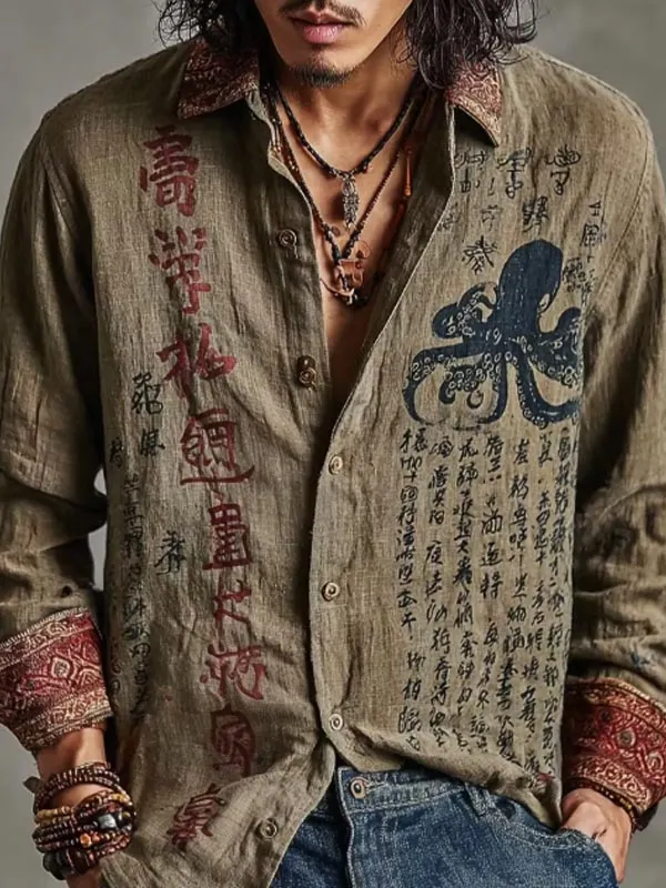 Men's Retro Octopus Calligraphy Art Print Long Sleeve Shirt