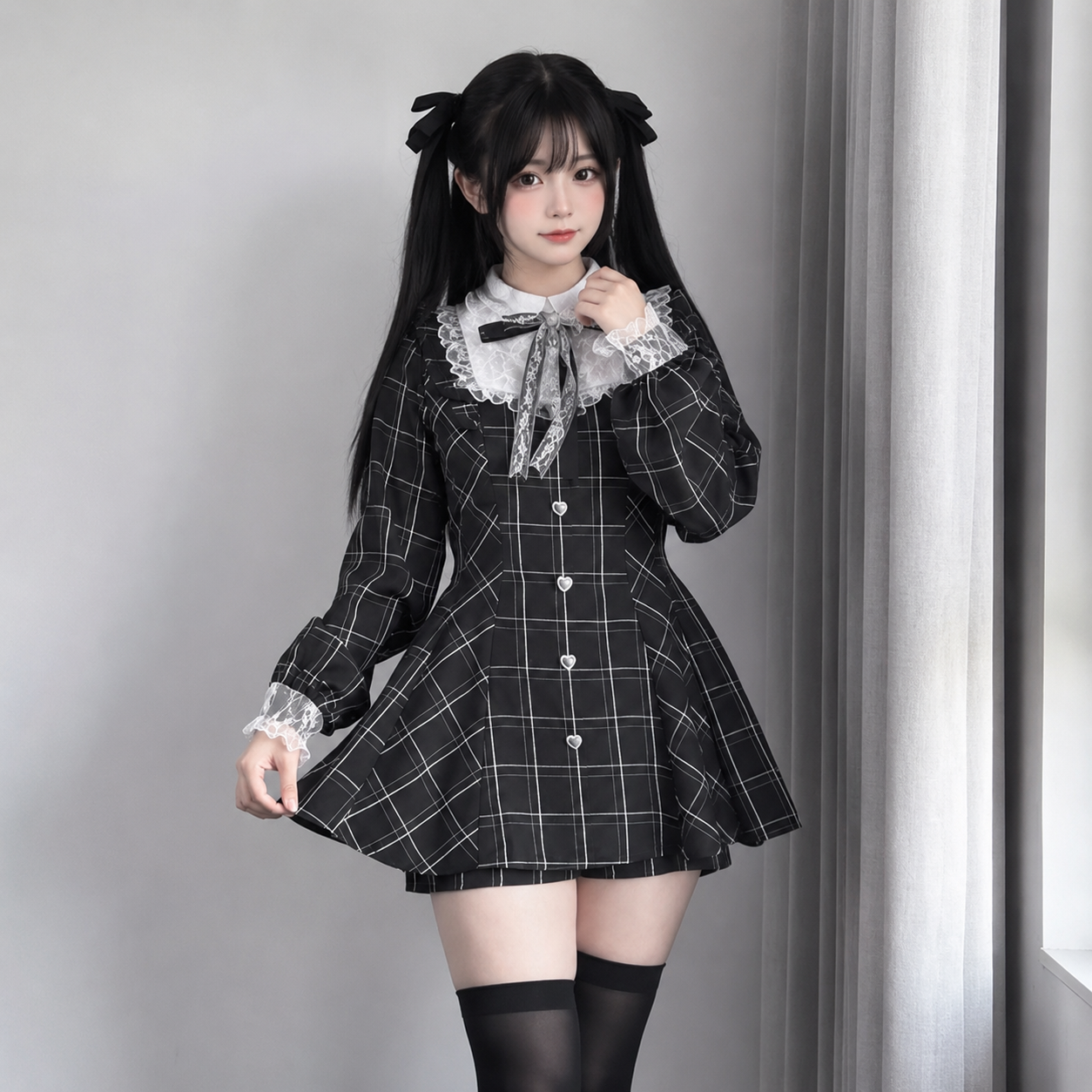 Harajuku Black Plaid Hearts Laced Lolita Women's Dress