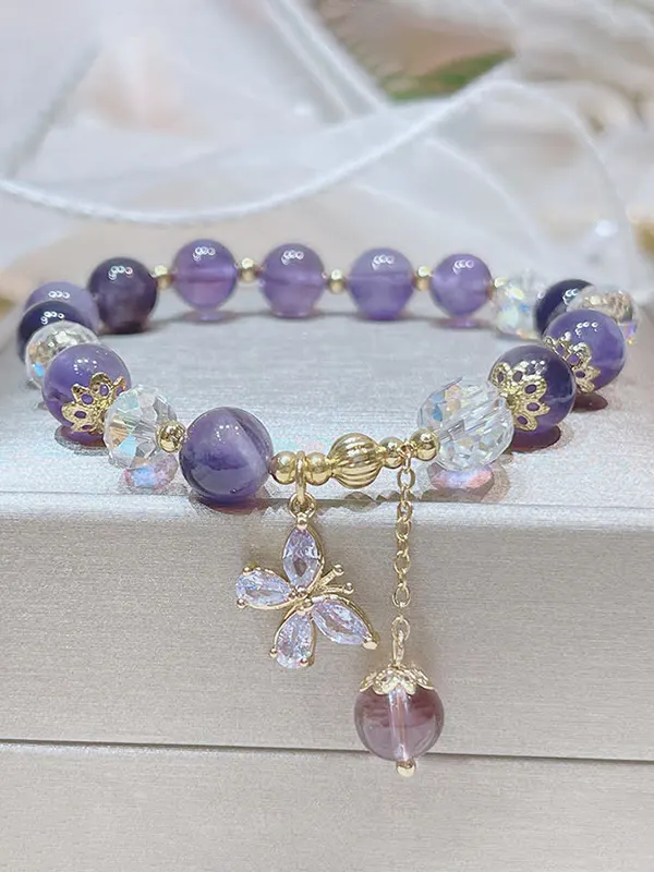 Buddha Stones Natural Amethyst Crystal Spiritual Butterfly Charm Bracelet